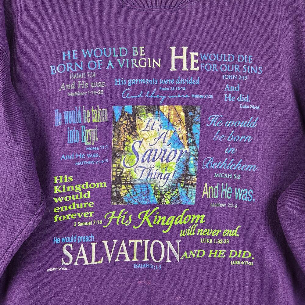 Vintage God Scripture Sweatshirt Mens Large Purple Christian Salvation Graphic